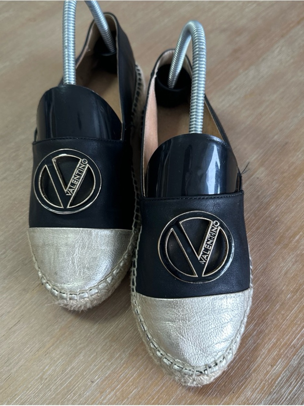 Mario Valentino Black and Gold Logo Espadrille Flats